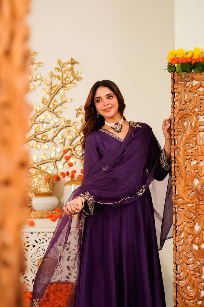 Royal Purple Embroidered Anarkali Suit Set (S)