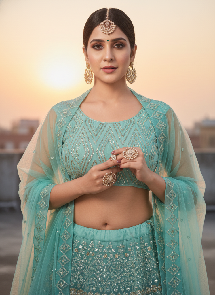 Aqua Blue Embroidered Net Lehenga Set