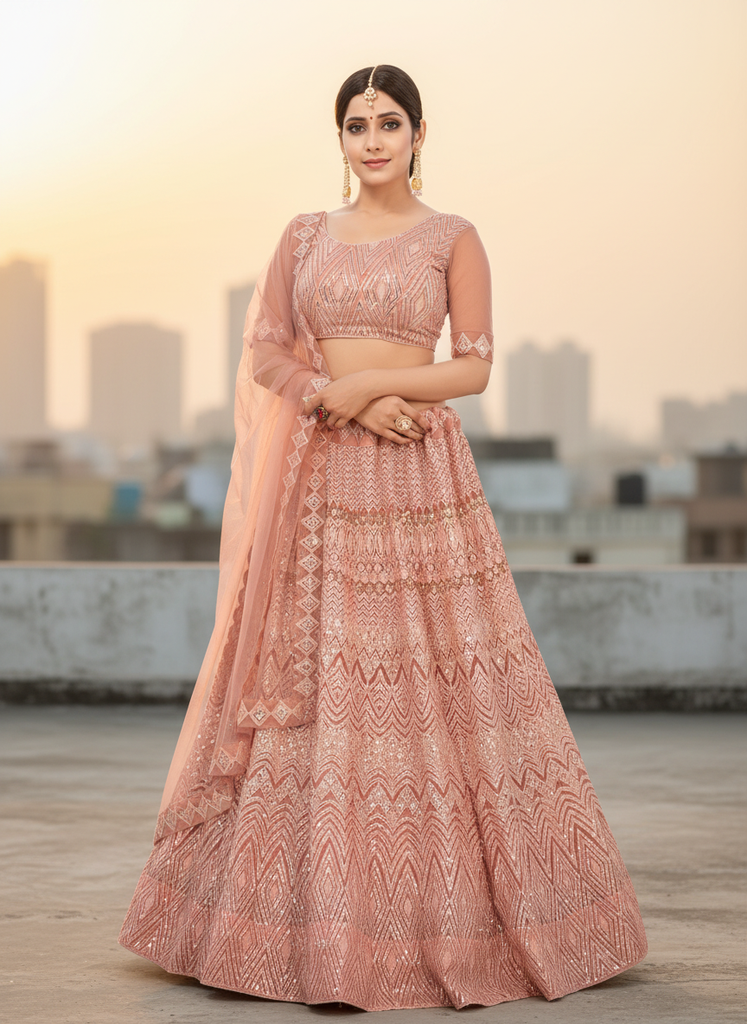 Blush Pink Embroidered Net Lehenga Set