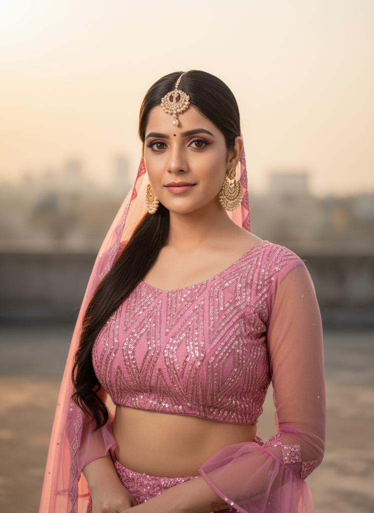 Rose Pink Embroidered Net Lehenga Set