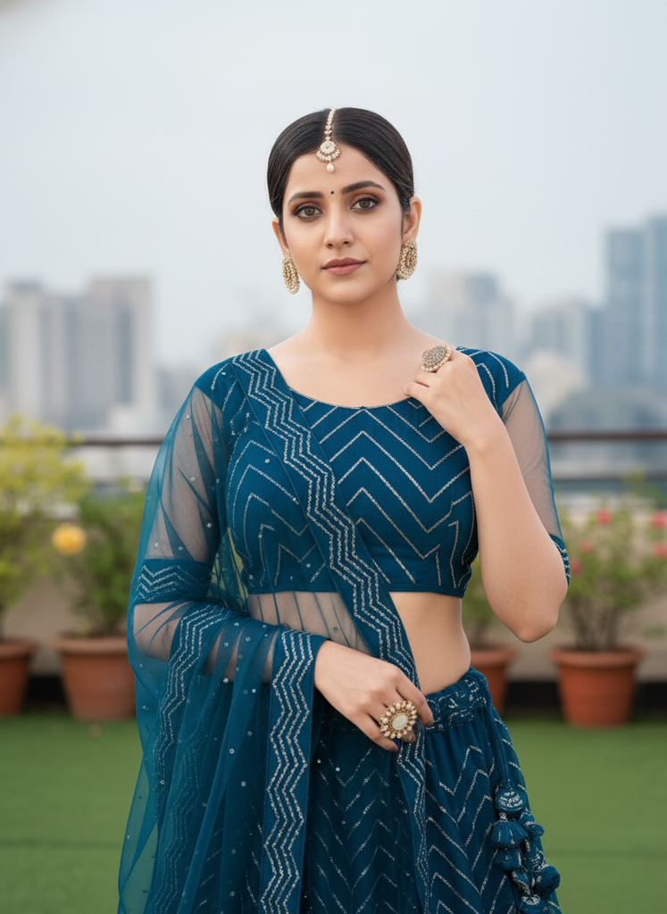 Midnight Teal Embroidered Net Lehenga Set