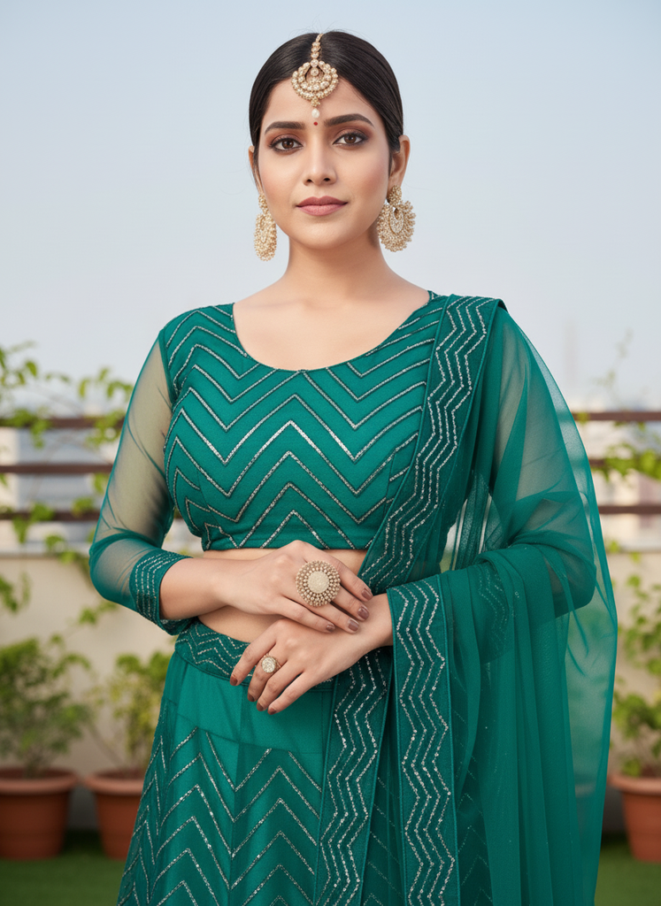 Emerald Green Embroidered Net Lehenga Set