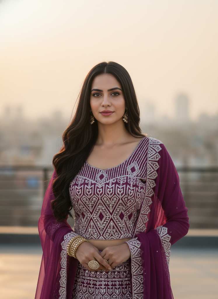 Wine Purple Embroidered Net Lehenga Set