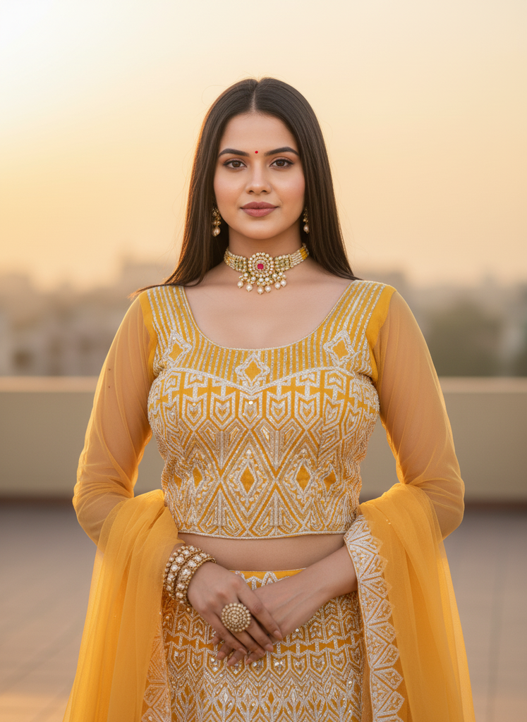 Mustard Yellow Embroidered Net Lehenga Set