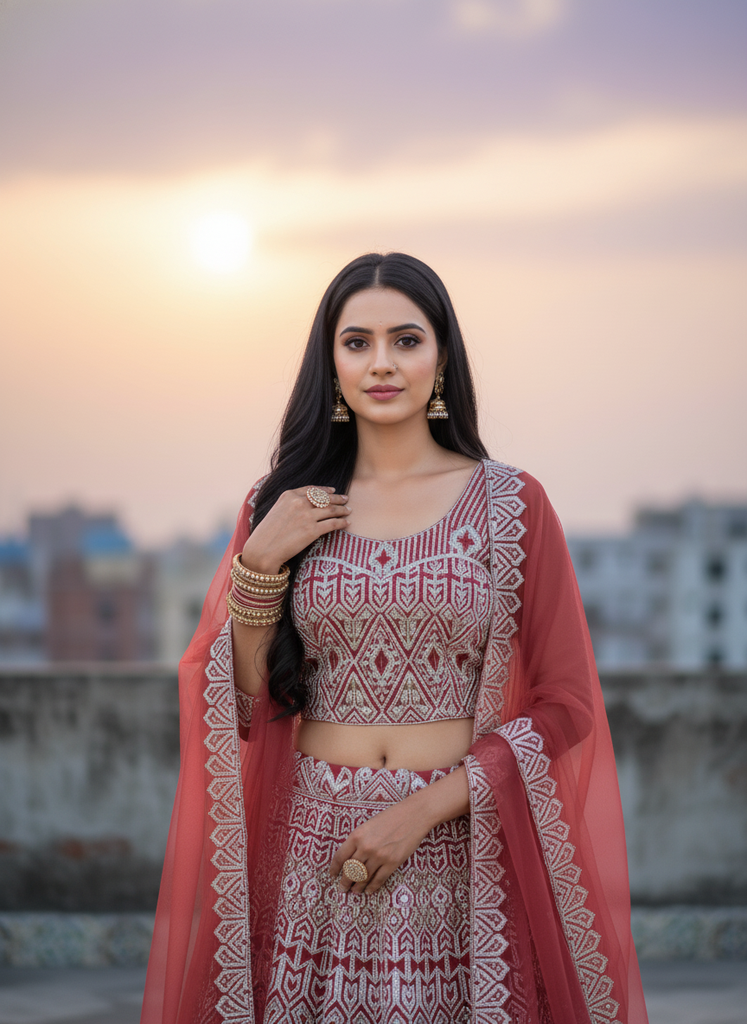 Coral Pink Embroidered Net Lehenga Set
