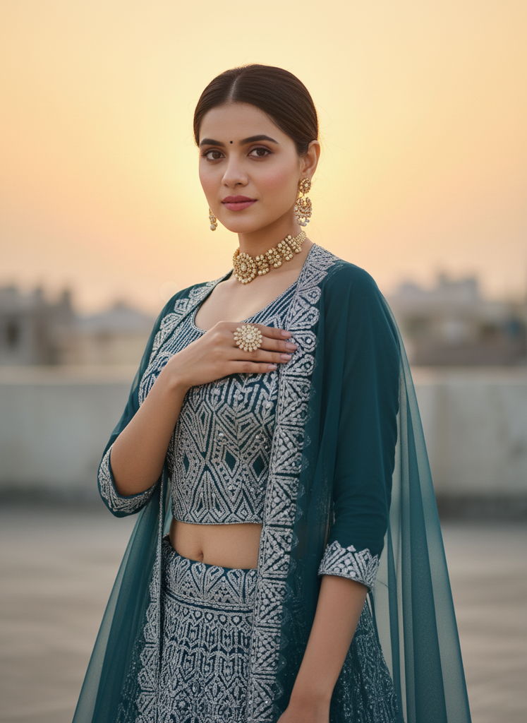 Teal Blue Embroidered Net Lehenga Set