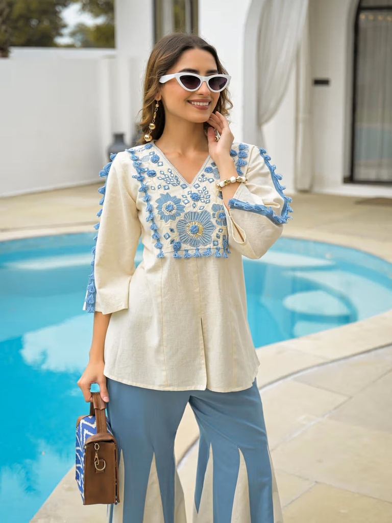 Aabha Blue Embroidered Co-ord Set (S)