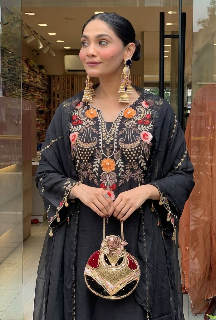 Noirah Black Embroidered Kurta Set (S)