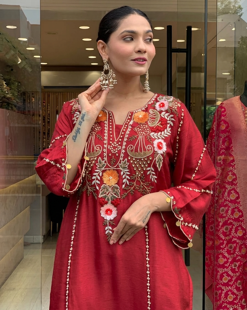 Aafreen Crimson Embroidered Kurta Set (S)