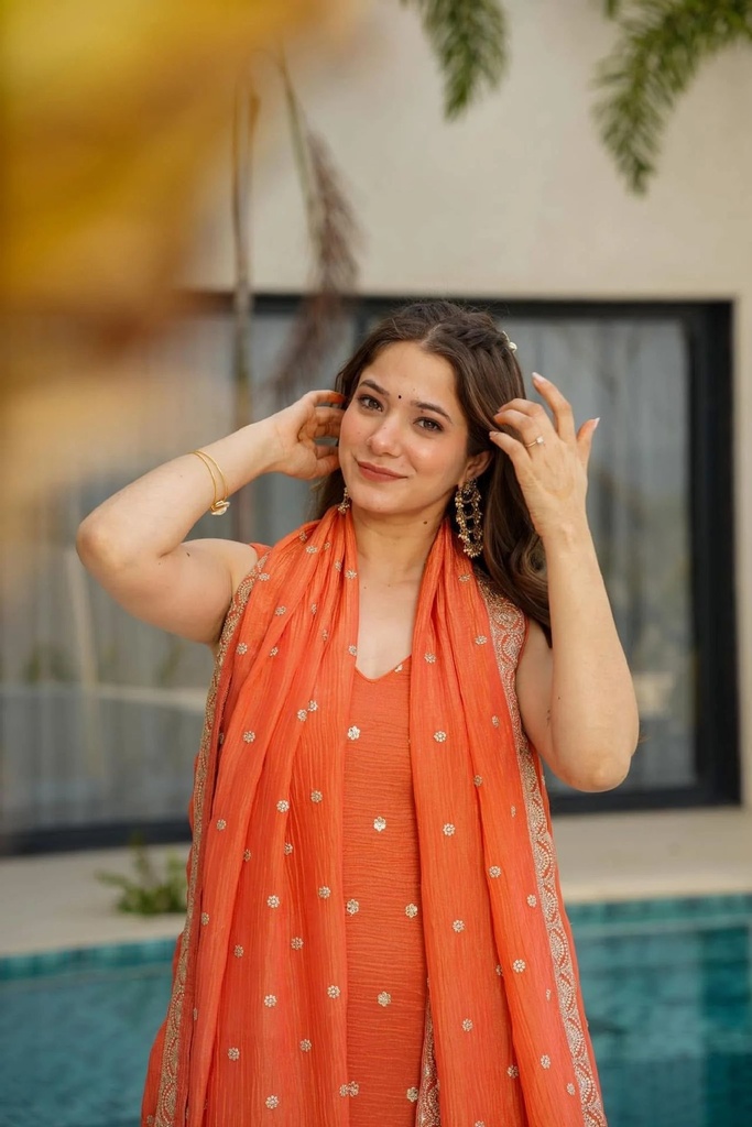 Sunset Orange Embroidered Suit Set (S)