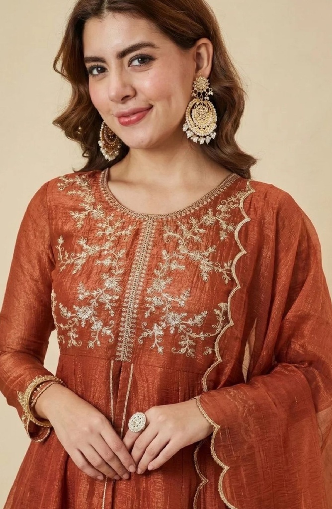 Embroidered Peplum Suit Set (Rustic Brown, S)